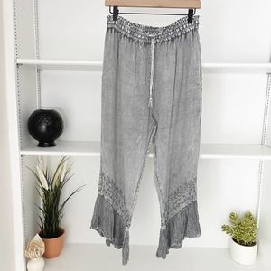 The Om Company Gray Embroidered Ruffle Hem Crop Flare Pants